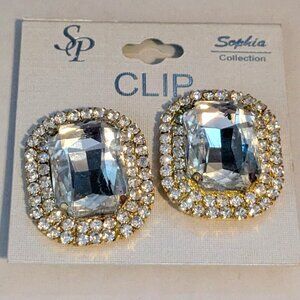 SOPHIA COLLECTION SP Faceted Clear Crystal Rectangular Clip On Earrings